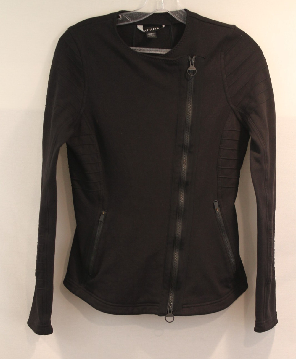 Athleta Moto Biker Jacket Womems size S Black Front Asymmetrical Zipper Pockets